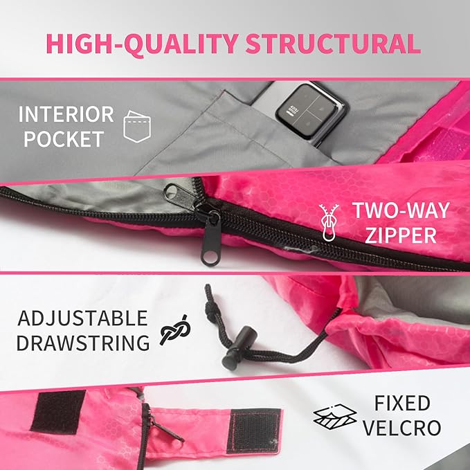 Sleeping Bags, Camping Sleeping Bag for Adults, 3 Season Warm & Cool Weather, Lightweight Waterproof Sleeping Bags for Indoor Outdoor Camping Traveling Backpacking, Pink/Blue/Black