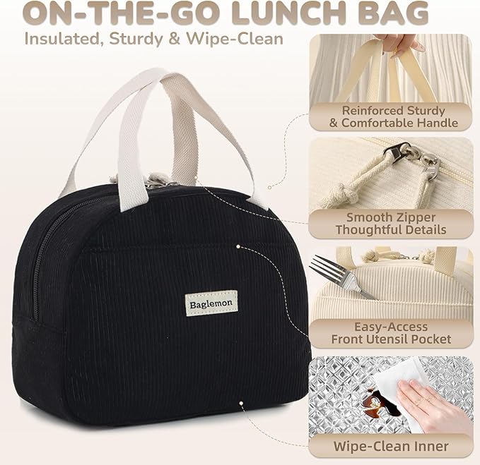 Lunch Bag for Women Men Cute Corduroy Lunch Tote Bags Reusable Insulated Lunch Box Large Capacity Reusable Insulated Cooler for Work/Picnic/Travel