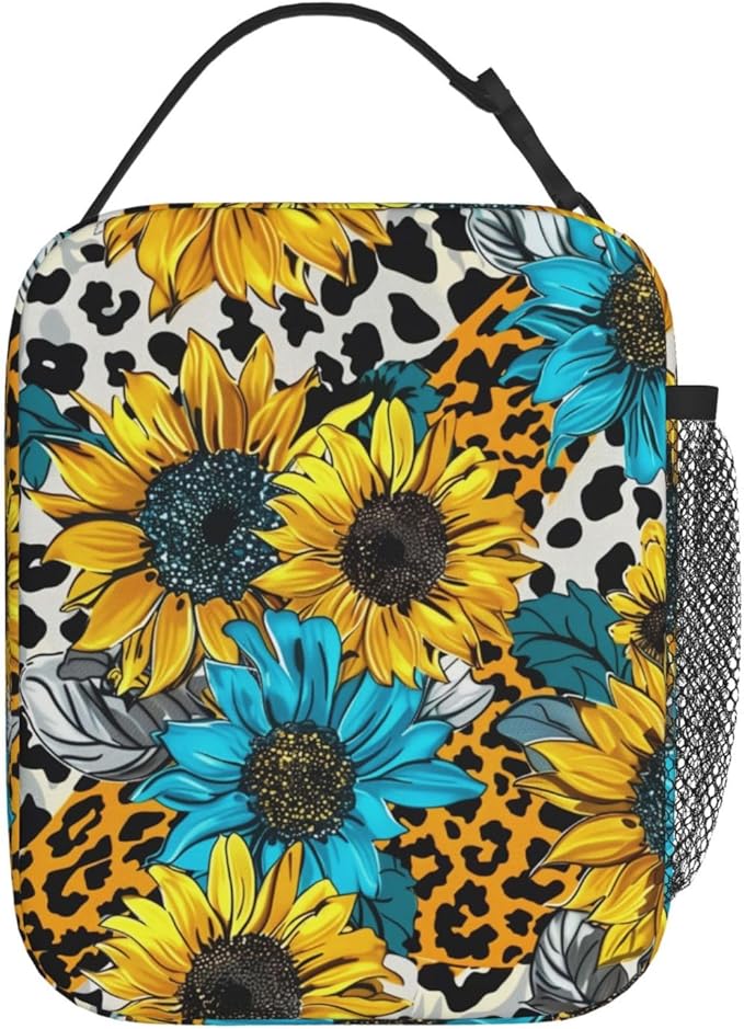 Reusable Sunflower Lunch Box for Kids Girls Boys Women Adult, Insulated Floral Leopard Print Lunch Bag,Polyester Cooler Flower Handbags Case for School Picnic Work Travel Beach or Hiking