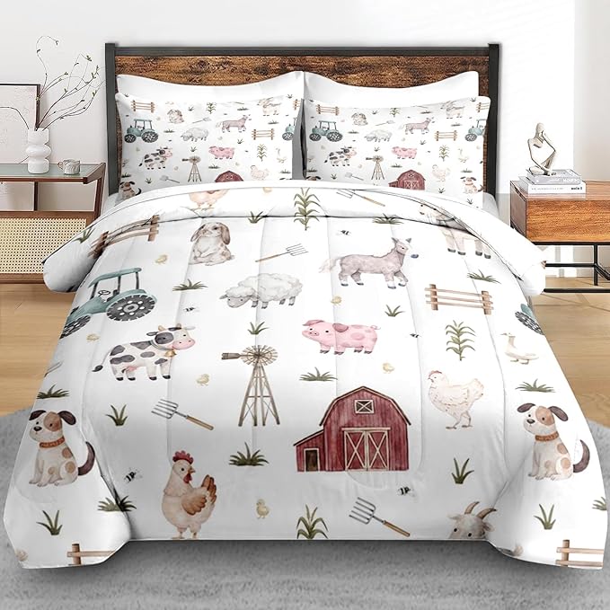 Comforter Set Full Size, Farm Animal 7 Pcs Bedding for Kids and Adults, Cute Tractor Bed Sheet Sets with Fitted Sheet 2 Pillowcases & 2 Shams for Bedroom Bed Decor