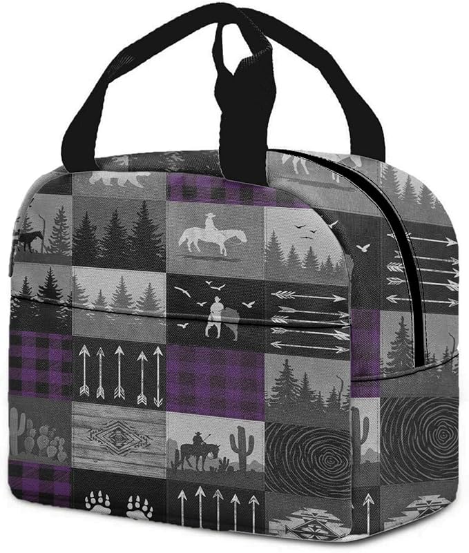 Western Retro Denim Insulated Lunch Bag Bear Deer Bird Nature Landscape Cactus Thermal Tote Portable Size (03)