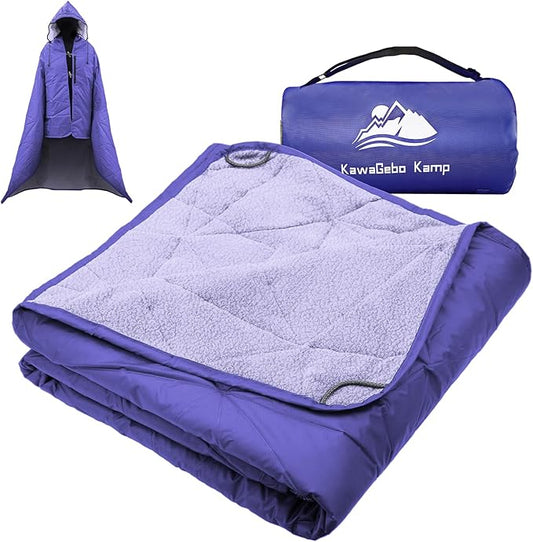 Outdoor Waterproof Blanket, Foldable Fleece Stadium Blanket for Outdoor Sports Event, Camping, Car, Pet, Picnics - Windproof, Wearable, Machine Washable 80" x 58" (Purple,Hooded)