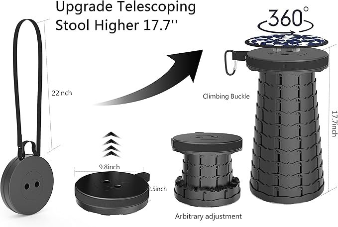 ALEVMOOM Upgraded Collapsible Stool with Cushion & Carry Bag, 500lbs Max Weight Portable Telescoping Stool, More Sturdy Lightweight Retractable Seat Folding Chair for Camping & Outdoors