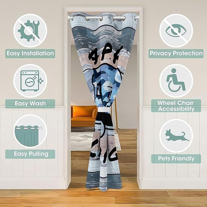 Camper Adventure Door Curtain,RV Trailer Pine Tree Natural Rustic Blackout Curtain,Wooden Plank Cottage Farmhouse Bedroom Doorway Living Room Decor,Camo Blue Privacy Door Drape 1 Panel,60" W X 80" L