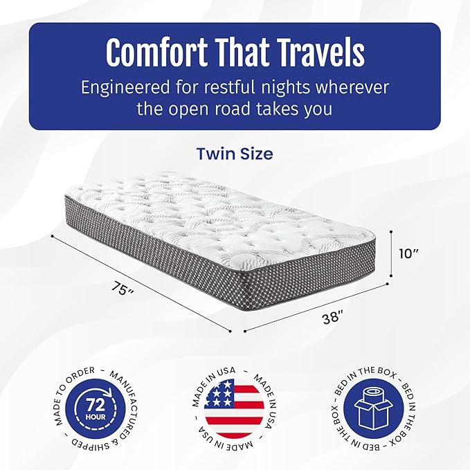WanderRest Cool Hybrid 10” RV Mattress, Twin 38x75, Medium, Cooling Gel Memory Foam & Pocketed Coil Mattress for RV, Camper, or Travel Trailer, Made in USA
