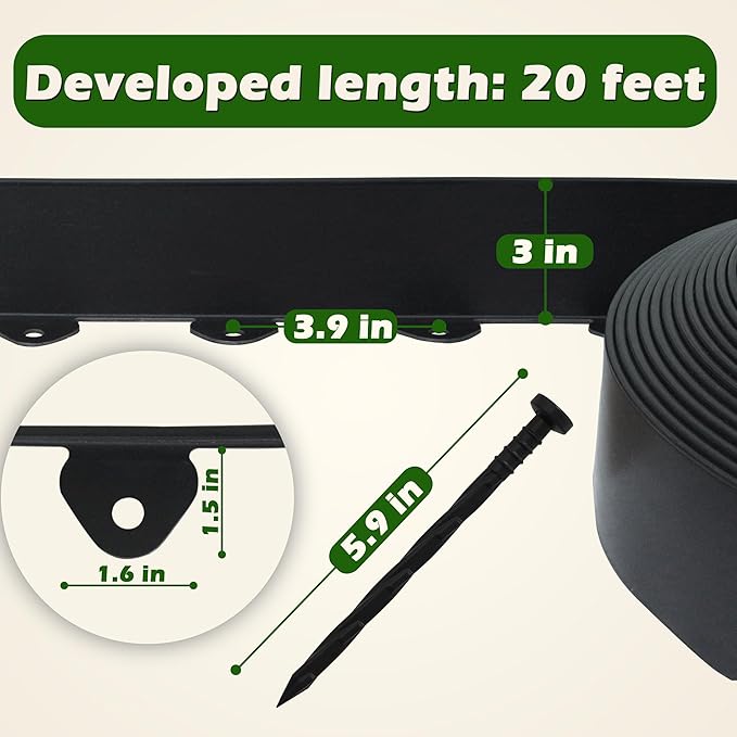 Gardzen Landscape Edging Kit, 20-Foot Long, 3-Inch Tall, No Dig Garden Edging Border for Flower Beds, Tree Rings, Pathways, Includes 24 Spikes