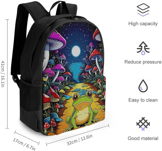 Supdreamc Rucksack Multipurpose Anti-Theft Big Capacity Shoulder Bag, Psychedelic Magic Mushrooms Frog Trippy Art Travel Hiking Camping Rucksack With Side Pockets