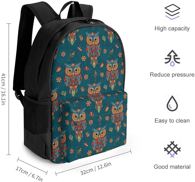 Supdreamc Lightweight Daypack Backpack for Trekking Work Running, Big Capacity Multipurpose Anti-Theft Bookbag, Ethnic Owl Business Computer Bag
