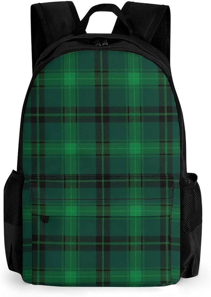 Adults Lightweight Black Green Scottish Tartan Plaid Shoulder Book Bags Big Capacity Shoulder Bag With Adjustable Shoulder Straps for Trekking Work Walking Cycling