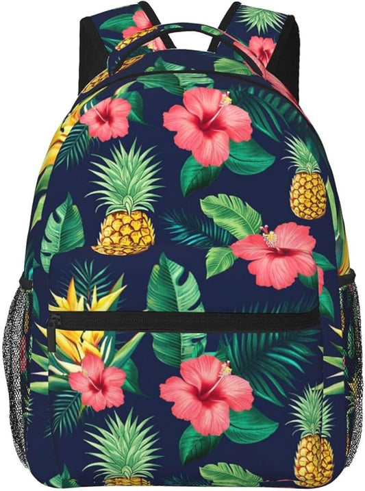 Rucksack Anti-Theft Multipurpose Big Capacity Carry On Bag, Hawaiian Flower Party Pineapple Art Traveling Camping Backpack With Side Pockets