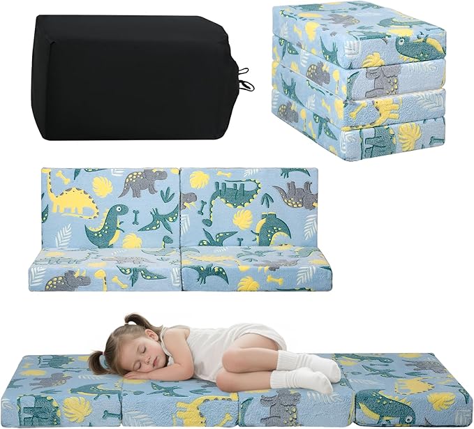 MeMoreCool Foldable Floor Mattress for Kids, Glow Dinosaur Trifold Mat, Kids Folding Mattress Portable Futon, Blue