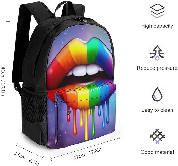 Polyester Daypack Backpack for Climbing Outdoors Running, Big Capacity Multipurpose Anti-Theft Bookbag, Lgbt Gay Homosexual Lesbian Rainbow Lips Travel Hiking Camping Rucksack