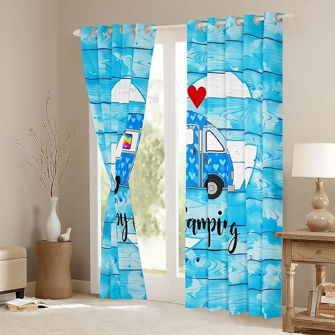 Erosebridal Cartoon Camper Rv Blackout Curtains for Bedroom Living Room Happy Camping Window Curtains 2 Panels 42"Wx90"L Vintage Wooden Drapes,Camper Decorations For Travel Trailers Window Treatments