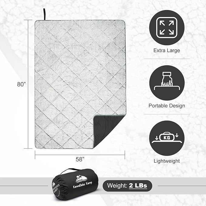 Sherpa Warm Outdoor Camping Blanket - Waterproof Stadium Blanket for Cold Weather, Camp, Sports Mom and Concert - Camping Quilt 80" X 58" (Black)