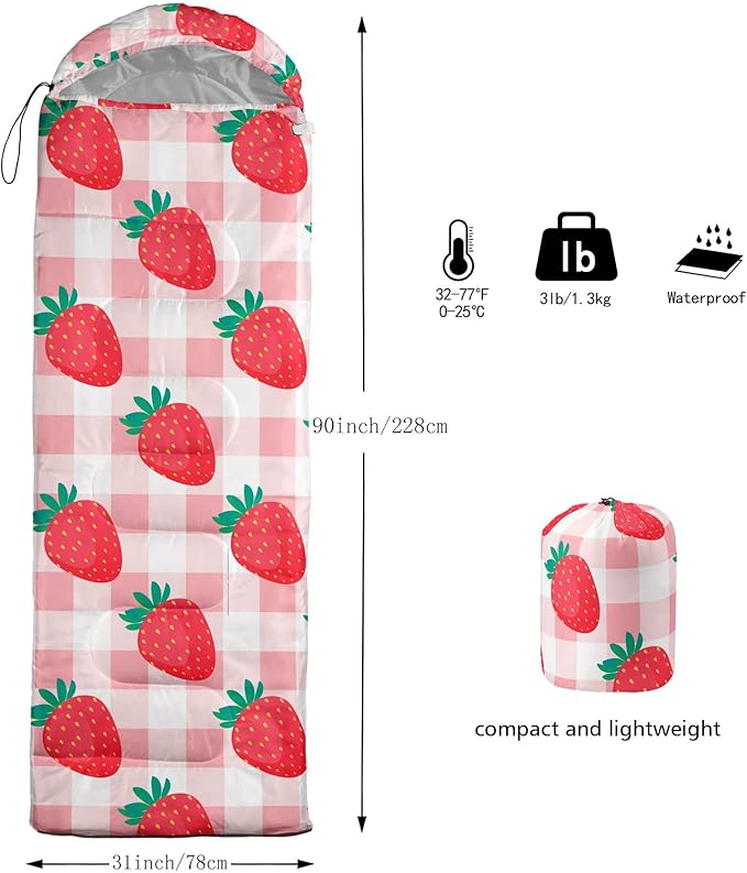 Datura home Kids Sleeping Bag for Girls,Straeberry Pink Grid-Warm Outdoor Indoor-LightweightWaterproof Cold Weather Resistant Sleeping Bag for Camping Hiking(Strawberry 32"*90")
