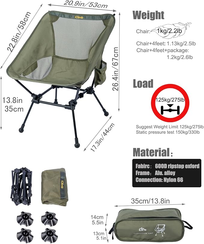iClimb Ultralight Compact Camping Folding Beach Chair with Anti-Sinking Large Feet