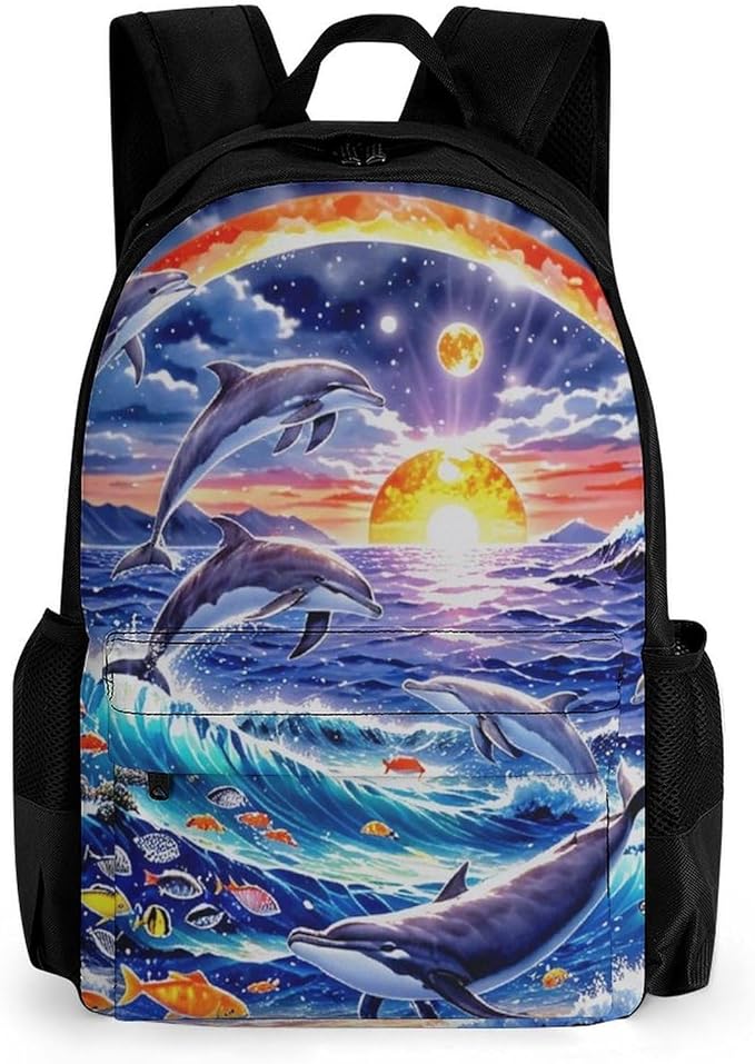 Supdreamc Polyester Daypack Bookbag for Gym Business Bicycle, Large Capacity Multipurpose Anti-Theft Carry On Bag, Dolphin Underwater World Rainbow Travel Hiking Daypack