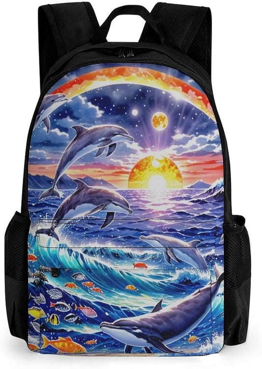 Supdreamc Polyester Daypack Bookbag for Gym Business Bicycle, Large Capacity Multipurpose Anti-Theft Carry On Bag, Dolphin Underwater World Rainbow Travel Hiking Daypack