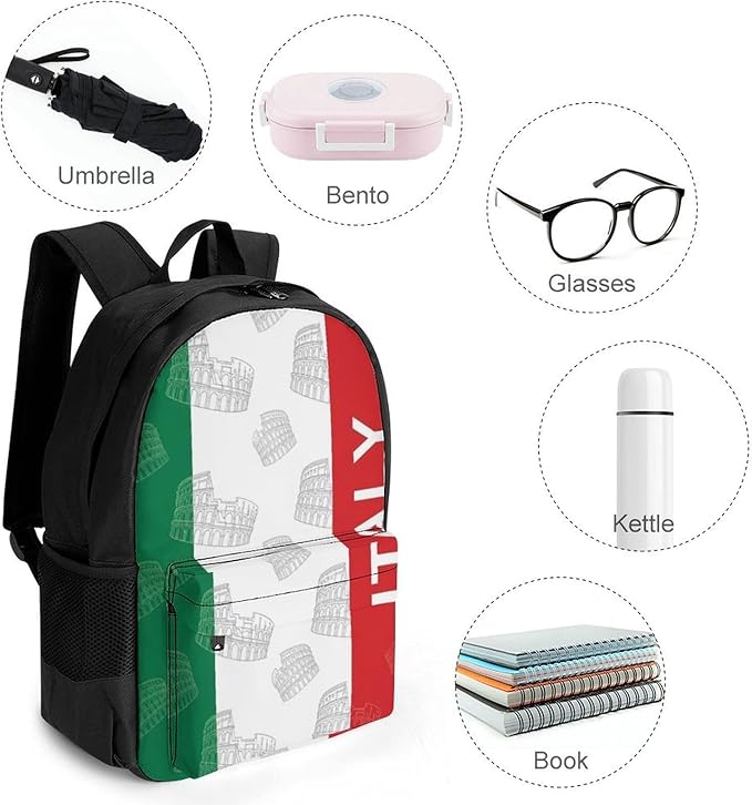 Lightweight Daypack Backpack for Trekking Work Running, Big Capacity Multipurpose Anti-Theft Bookbag, Italy Italian Flag Roman Colosseum Business Computer Bag