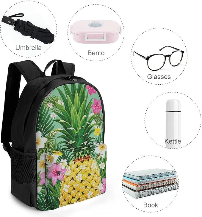 Men Women Polyester Hawaiian Pineapple Flowers Floral Backpack Large Capacity Bookbag With Smooth Zippers for Climbing Picnic Bicycle