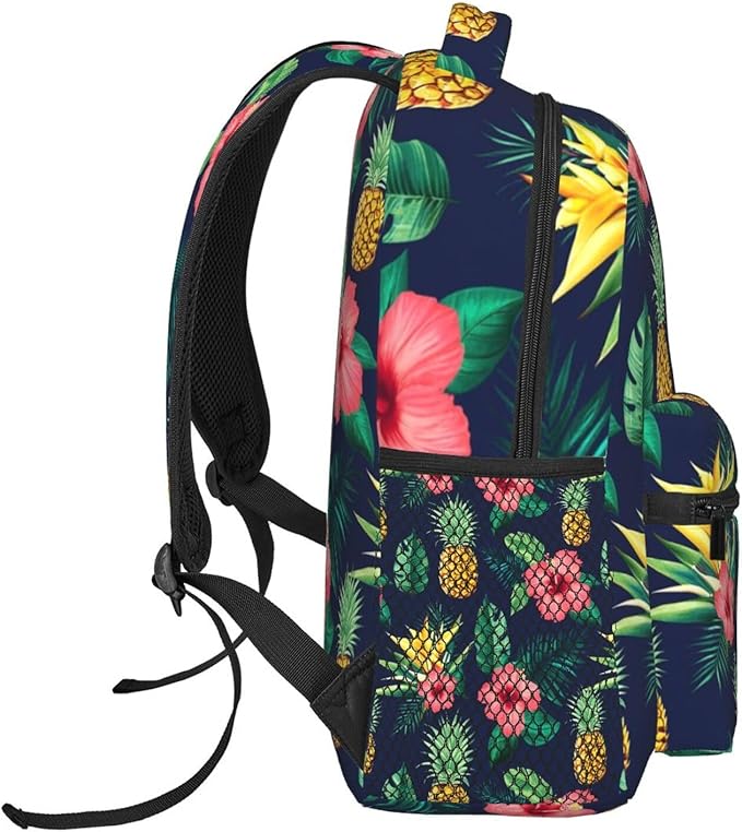 Rucksack Anti-Theft Multipurpose Big Capacity Carry On Bag, Hawaiian Flower Party Pineapple Art Traveling Camping Backpack With Side Pockets