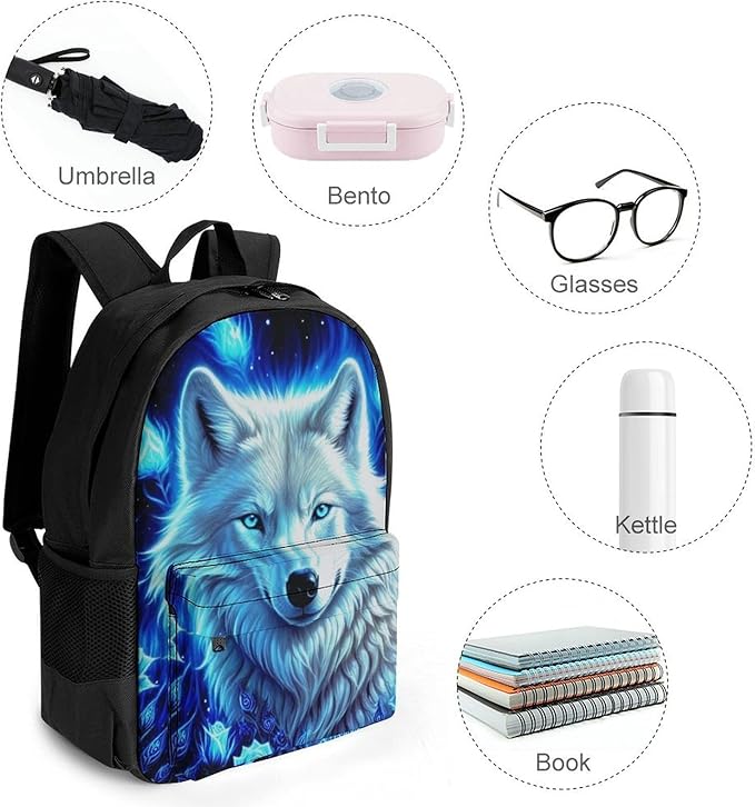 Men Women Polyester White Galaxy Wolf With Blue Rose Daypack Backpack Large Capacity Carry On Bag With Smooth Zippers for Hiking Picnic Walking Cycling