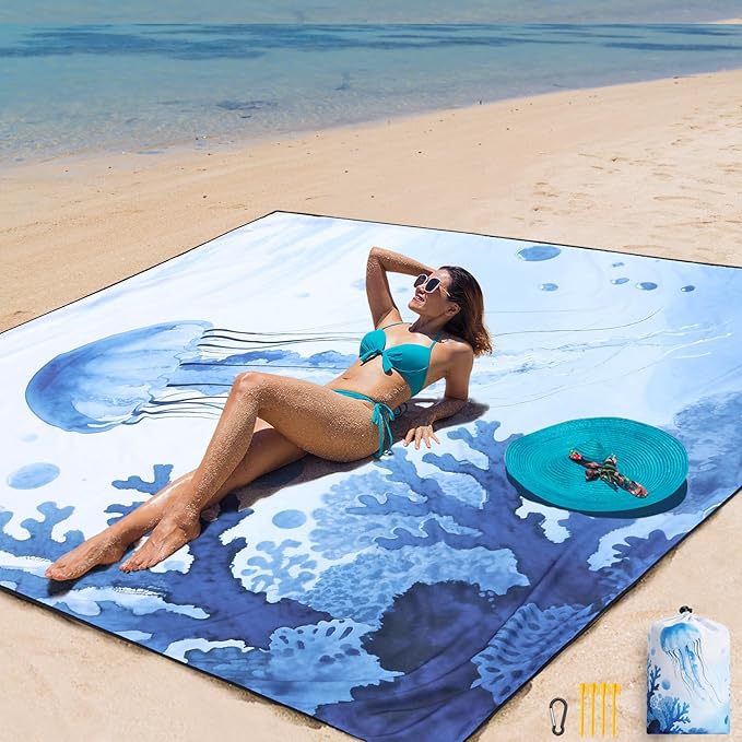 Beach Blanket, Sandproof Beach Mat, Waterproof Quick Drying Lightweight Outdoor Aztec Picnic Mat 79" X 83"/120"x108" for 2-8 Adults for Travel, Camping, Hiking