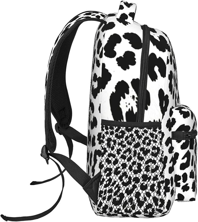 Men Women Polyester Leopard Cheetah Black White Daypack Big Capacity Shoulder Bag With Smooth Zippers for Hiking Work Walking Cycling