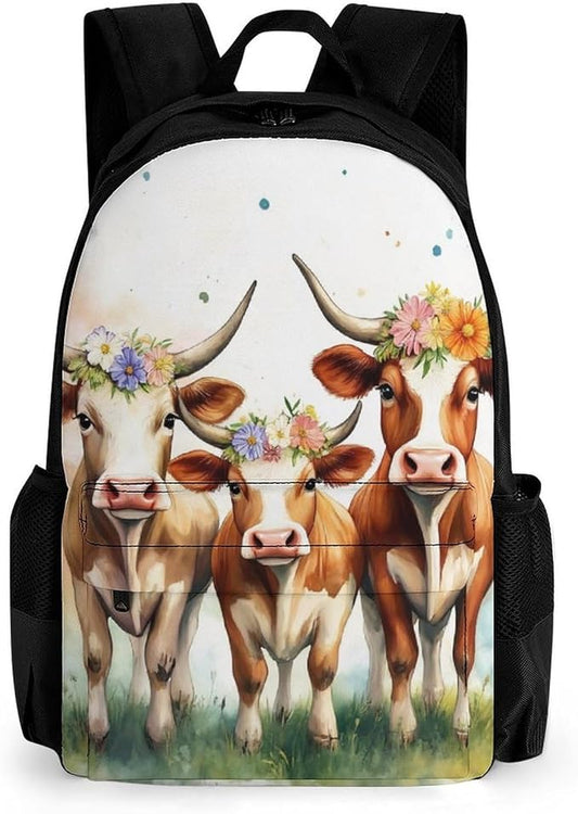 Supdreamc Polyester Daypack Backpack for Sports Travel Running, Big Capacity Anti-Theft Multipurpose Carry On Bag, Cute Highland Cow Family Laptop Book Bag Rucksack