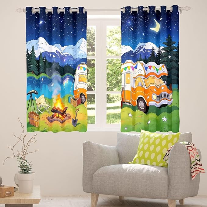 jejeloiu Cartoon Camping Car Curtains for Bedroom Room RV Camping Blackout Shades Campfire Room Darkening Curtain Farmhouse Trailers Camper Window Treatments, 2 Panels 42 x 90 Inch Decor