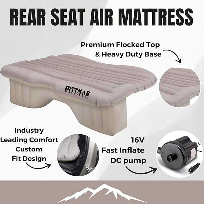 Pittman Outdoors AirBedz Backseat Heavy Duty PVC Air Mattress with Portable DC Air Pump, Mid-Size, Tan