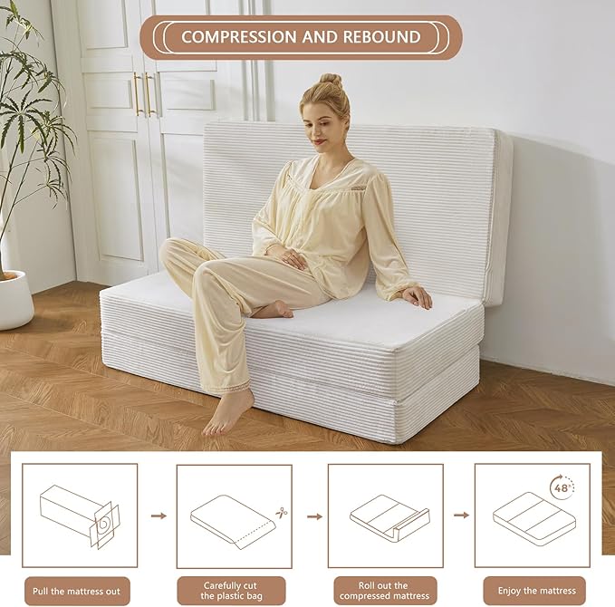 BYBYME Corduroy Tri-Folding Mattress, 6 Inch Gel Folding Mattress Topper, Foldable Soft Guest Bed Camping Pad, Washable Cover (Beige, Queen)