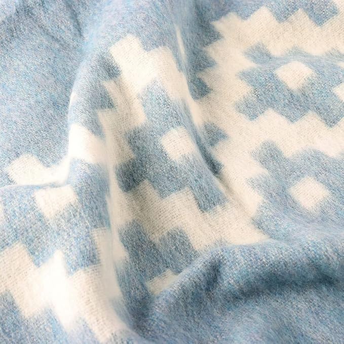 Thick Alpaca Wool Blanket Heavyweight Camping Outdoors Indoors Soft Peru King Size Ethnic Design (Soft Blue - Ivory, King Size)