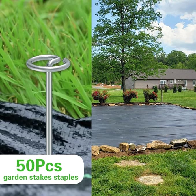 Bakulyor 50Pcs Circle Top Landscape Staples, 6 Inch Garden Stake 9 Gauge Galvanized Landscape Fabric Stakes, Heavy Duty Yard Ground Pins for Outdoor Gardening Weed Barrier Sod Fabric - Silver 6"