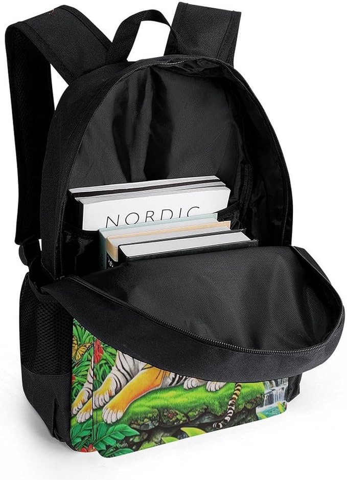 Daypack Backpack Multipurpose Anti-Theft Large Capacity Bookbag, King Of The Tiger Tropical Rainforest Landscape Jungle Parrot Birds Travel Hiking Camping Rucksack With Adjustable Shoulder Straps