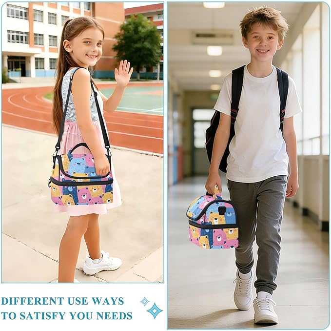 Double-Layer Lunch Bag Cartoon Bears Double Deck Cooler Bags with Detachable Shoulder Strap for Office Picnic Hiking Beach lonchera termo para comida Caliente