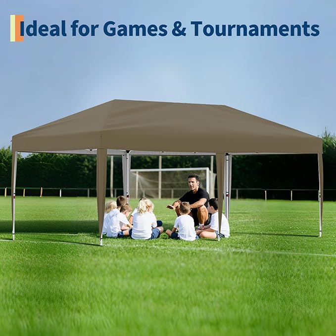 10x20 Pop Up Canopy Tent Outdoor Canopy with No Removable Sidewall One-Person Set Up Heavy Duty Commercial Instant Tent Shelter-Brown