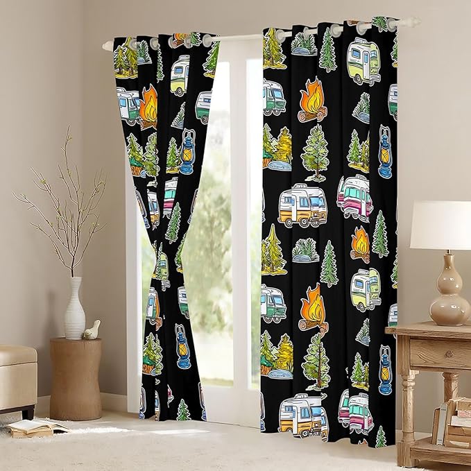 Feelyou Vintage Camper Decor Curtains for Bedroom Living Room Rustic Camping Trailer Blackout Darkening Drapes Happy Camping Theme Window Treatments, 2 Panels 52 x 96 Inch Room Decor
