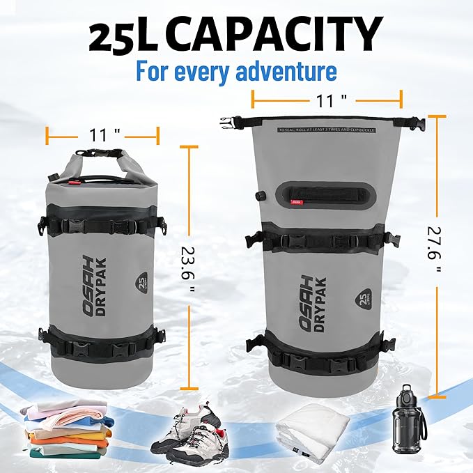 25L Waterproof Dry Bag - Motorcycle Luggage Tail Bag with Straps for Back Seat, Roll Top Lightweight Waterproof Backpack Sack for Travel, Swimming, Boating, Kayaking, Camping and Beach