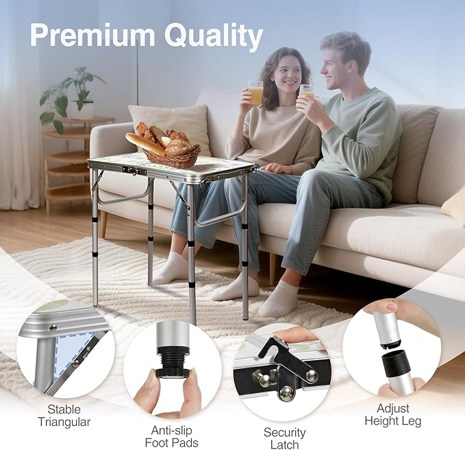 RedSwing Camping Table 2ft Portable Pinic Table Adjustable Height Small Card Table Aluminum Foldable Lightweight with Carry Handle for Outdoor Indoor Hiking Camp BBQ Beach