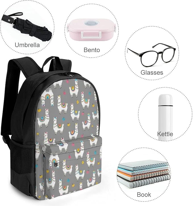 Women Men Polyester Cute Llama Alpaca Casual Daypack Large Capacity Bookbag With Side Pockets for Sports Picnic Walking Cycling