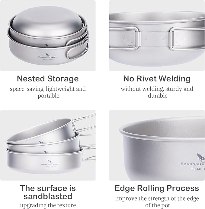 Camping Titanium Pots Set Titanium Bowl Set Outdoor Cookware Cooking Pan Pot with Folding-Handle Travel Kitchen Mess Kits Picnic Hiking Dishes ti2031c