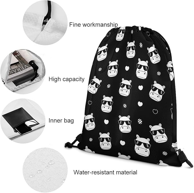 Swimming Drawstring Sack Waterproof Gym Backpack for Beach Sports Yoga Gear, Lightweight Unisex, Hippo Hippopotamus Wearing Sunglasses Bags