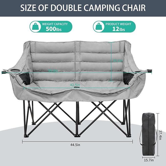 DoCred Double Camping Chair - Oversized Loveseat, 2 Person Camping Chair for Adults Heavy Duty,Two Person Folding Chair with Cup Holder, Supports up to 500 LBS for Outside Picnic Beach Travel