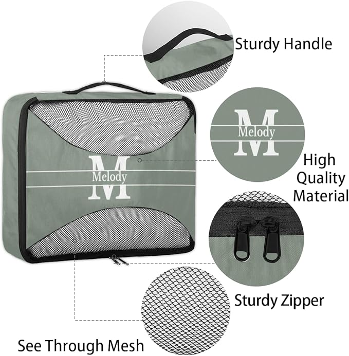 Custom Packing Cubes with Name, 4Pcs/Set Travel Luggage Packing Organizers Set for Women, Dark Matcha Green Background with Initial Name