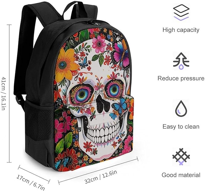Supdreamc Polyester Daypack Backpack for Climbing Outdoors Running, Big Capacity Multipurpose Anti-Theft Bookbag, Magical Skull Flowers Art Travel Hiking Camping Rucksack