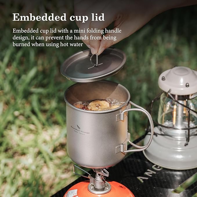 iBasingo 420ml Titanium Mug with Lid Tea Coffee Water Cup Outdoor Camping Pot Ultra-light Portable Hiking Backpacking Cooking Kit Picnic Tableware Drinkware with Foldable Handle Ti3025D