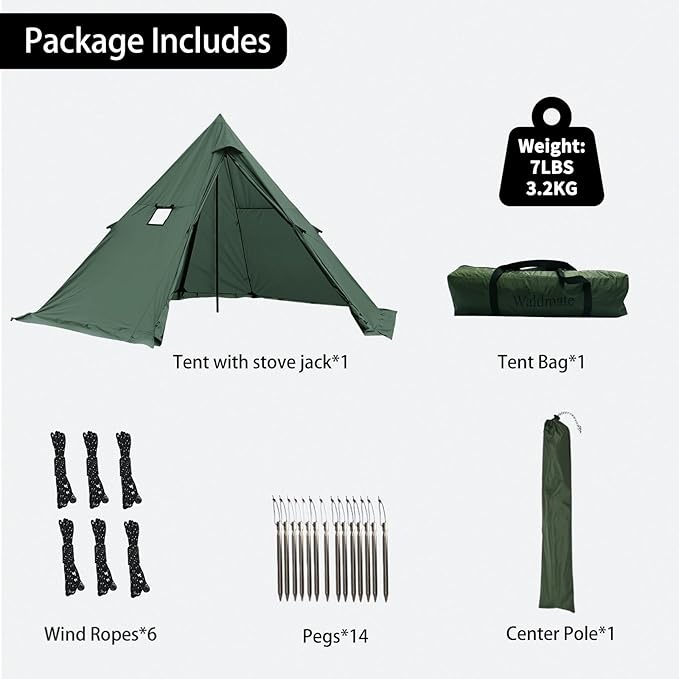 Hot Tent with Stove Jack and Snow Skirt, 6.89~8.53ft Standing Room, 2~5 Person, Tipi Tent for Family Hiking, Fishing, Hunting, Backpacking Camping