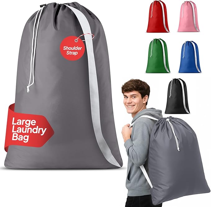 Handy Laundry Bag Shoulder Strap - Drawstring Locking Closure, Durable Nylon Material, Large Capacity, Heavy Duty Stitching - Perfect for Laundromat or College Dorm (Grey, 30" x 40")