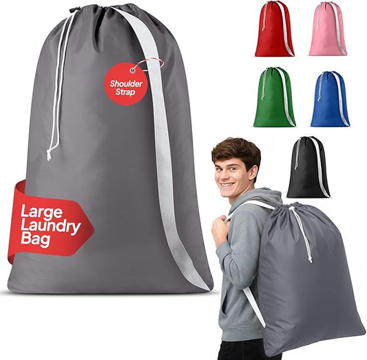 Handy Laundry Bag Shoulder Strap - Drawstring Locking Closure, Durable Nylon Material, Large Capacity, Heavy Duty Stitching - Perfect for Laundromat or College Dorm (Grey, 30" x 40")